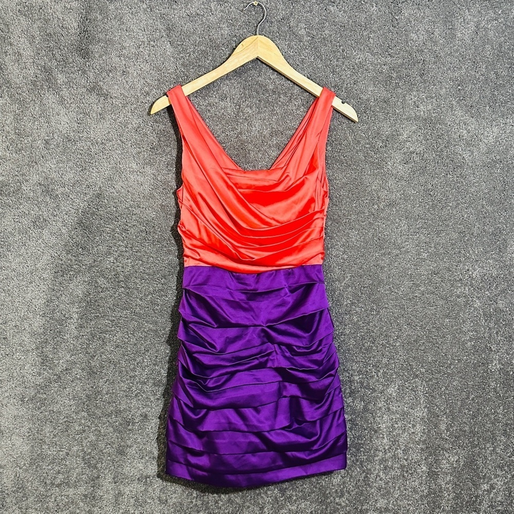Express Satin Colorblock Mini Dress Red Purple Ruched Party Glam Size 2